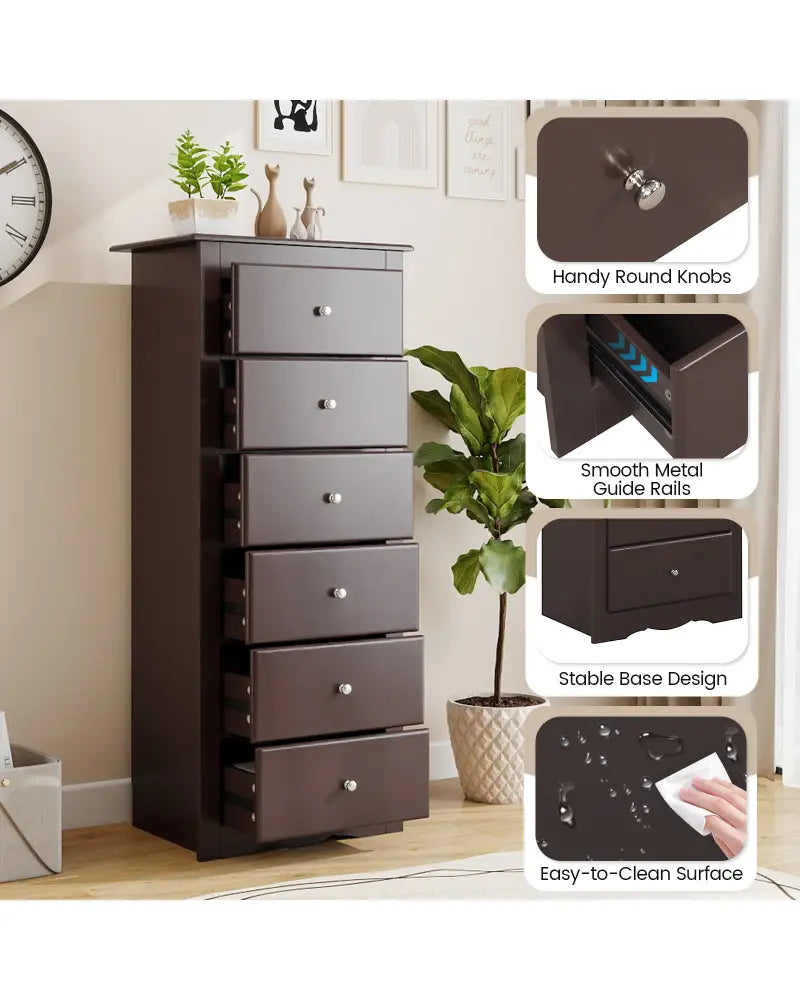 6 Drawers Chest Dresser Clothes Storage Bedroom Furniture Cabinet-Brown - Brown - Dressers & Chests