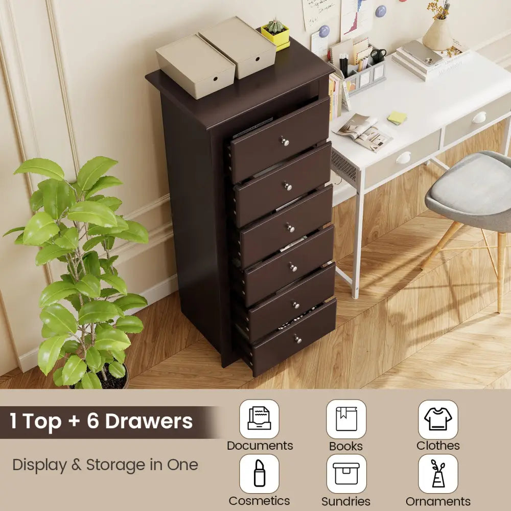 6 Drawers Chest Dresser Clothes Storage Bedroom Furniture Cabinet-Brown - Brown - Dressers & Chests