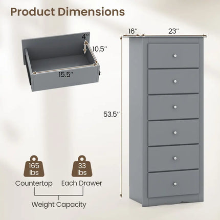 6 Drawers Chest Dresser Clothes Storage Bedroom Furniture Cabinet-Gray - Gray - Dressers & Chests