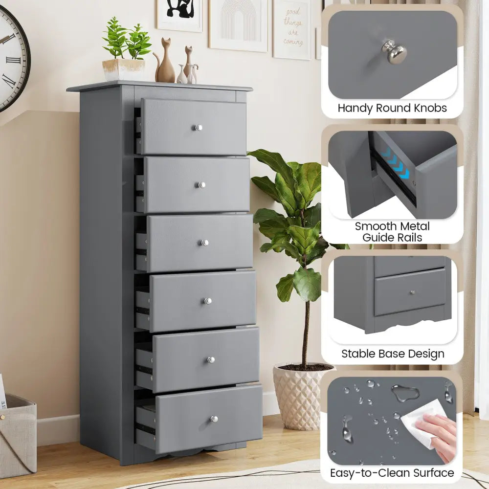 6 Drawers Chest Dresser Clothes Storage Bedroom Furniture Cabinet-Gray - Gray - Dressers & Chests