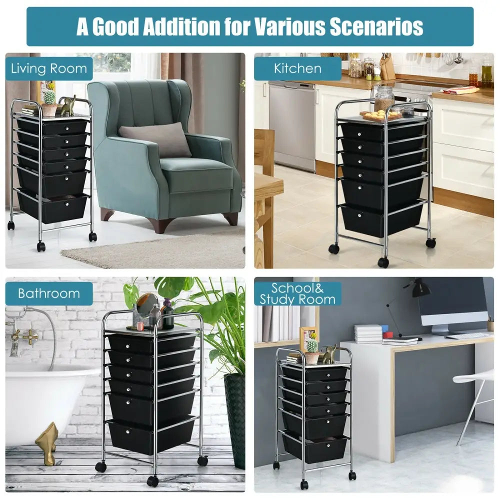 6 Drawers Rolling Storage Cart Organizer-Black - Black - File Cabinets