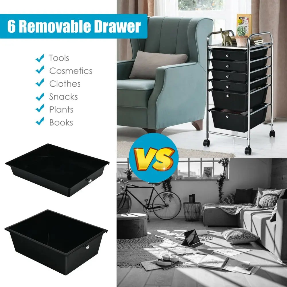 6 Drawers Rolling Storage Cart Organizer-Black - Black - File Cabinets