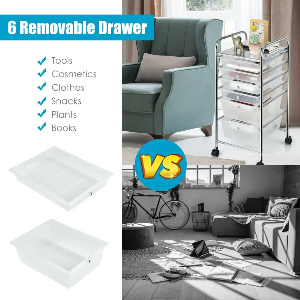 6 Drawers Rolling Storage Cart Organizer-Clear - Transparent - File Cabinets