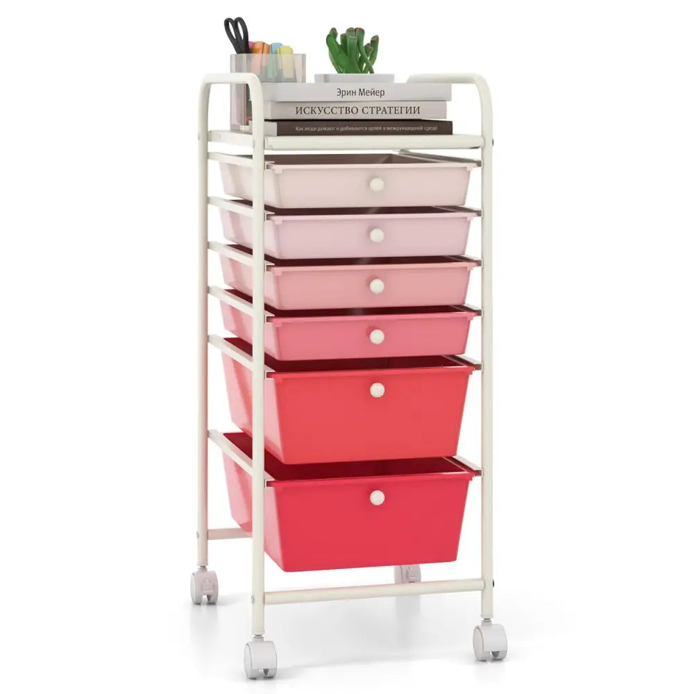 6 Drawers Rolling Storage Cart Organizer-Pink - Pink - File Cabinets