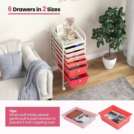 6 Drawers Rolling Storage Cart Organizer-Pink - Pink - File Cabinets