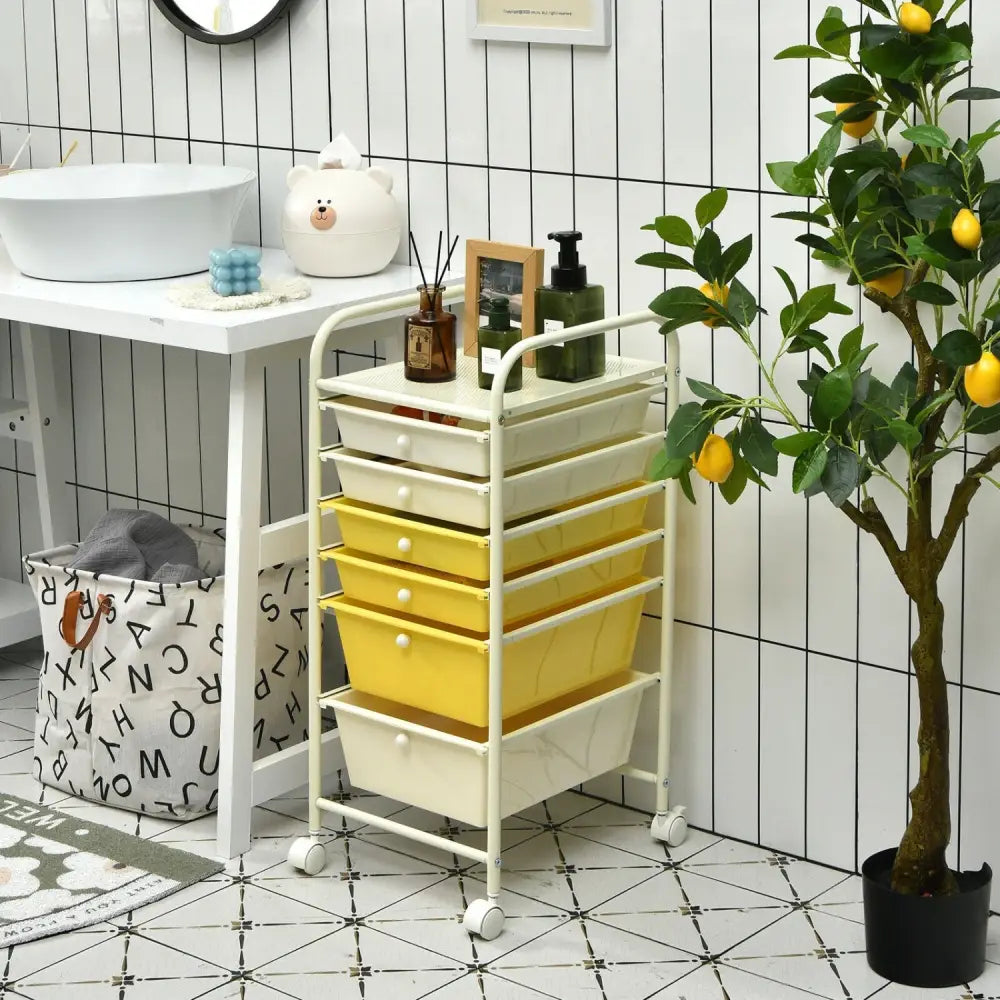 6 Drawers Rolling Storage Cart Organizer-Yellow - Yellow - File Cabinets