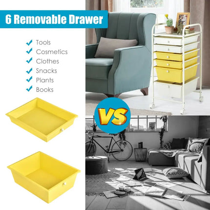 6 Drawers Rolling Storage Cart Organizer-Yellow - Yellow - File Cabinets