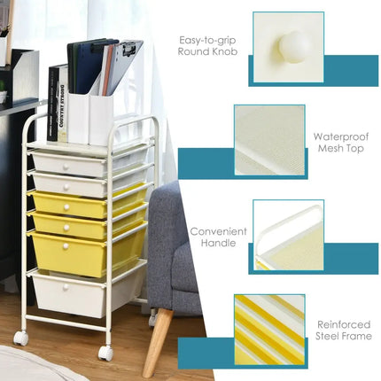 6 Drawers Rolling Storage Cart Organizer-Yellow - Yellow - File Cabinets