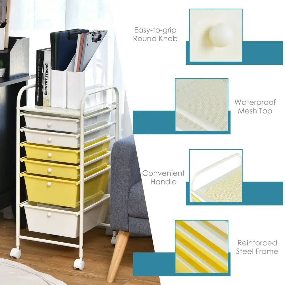 6 Drawers Rolling Storage Cart Organizer-Yellow - Yellow - File Cabinets