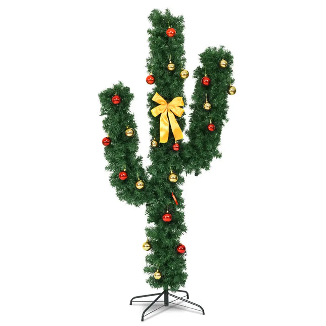 6 Feet Artificial Cactus PVC Christmas Tree with LED Lights and Ball Ornaments-6 ft - Green - Christmas Tree