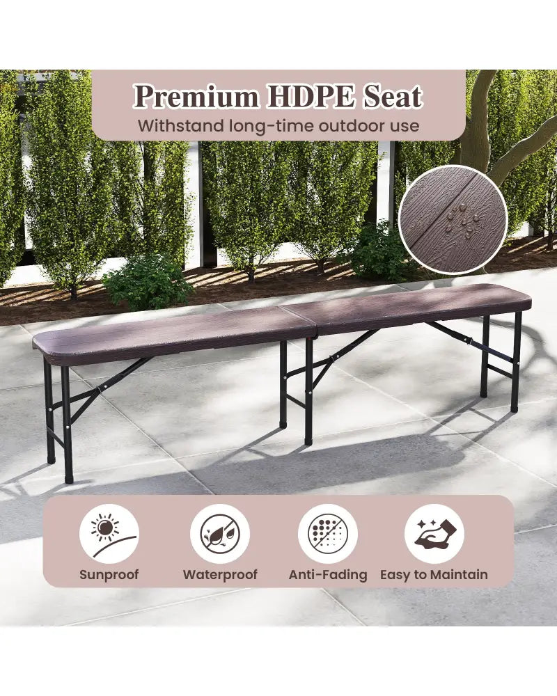 6 Feet Folding HDPE Bench with 1320 LBS Capacity and Handle Lock-Brown - Brown - Outdoor Benches