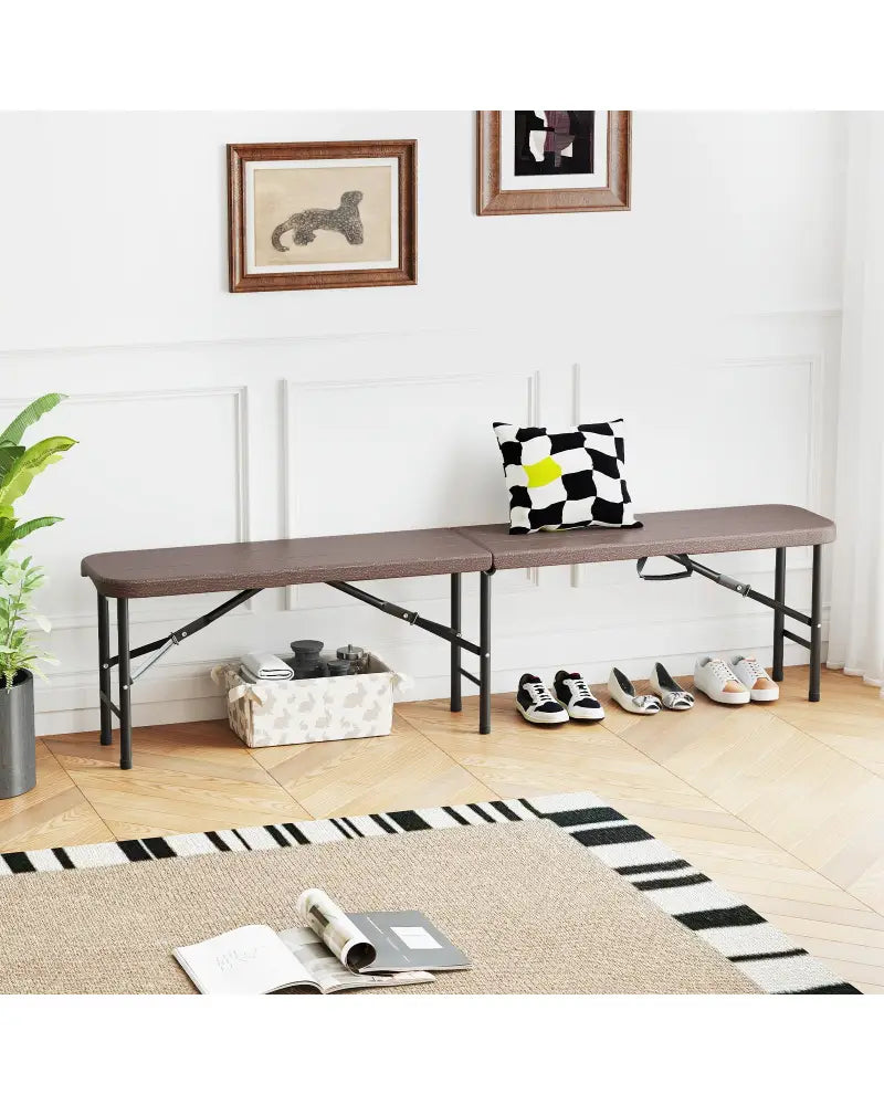 6 Feet Folding HDPE Bench with 1320 LBS Capacity and Handle Lock-Brown - Brown - Outdoor Benches