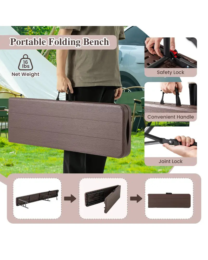 6 Feet Folding HDPE Bench with 1320 LBS Capacity and Handle Lock-Brown - Brown - Outdoor Benches
