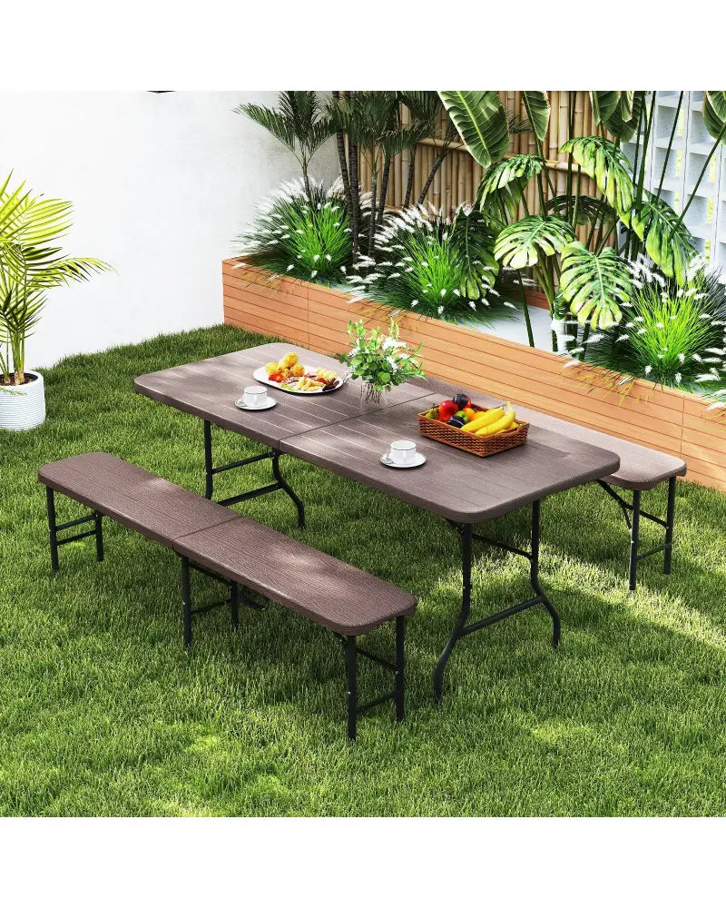 6 Feet Folding HDPE Bench with 1320 LBS Capacity and Handle Lock-Brown - Brown - Outdoor Benches