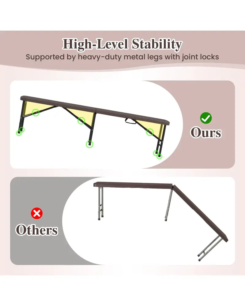 6 Feet Folding HDPE Bench with 1320 LBS Capacity and Handle Lock-Brown - Brown - Outdoor Benches