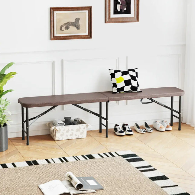 6 Feet Folding HDPE Bench with 1320 LBS Capacity and Handle Lock-Brown - Brown - Outdoor Benches