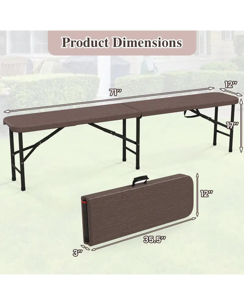 6 Feet Folding HDPE Bench with 1320 LBS Capacity and Handle Lock-Brown - Brown - Outdoor Benches