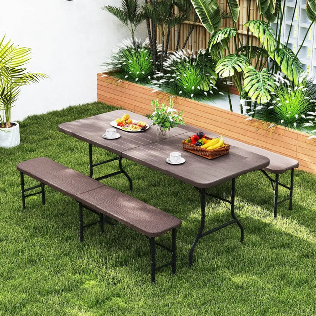 6 Feet Folding HDPE Bench with 1320 LBS Capacity and Handle Lock-Brown - Brown - Outdoor Benches