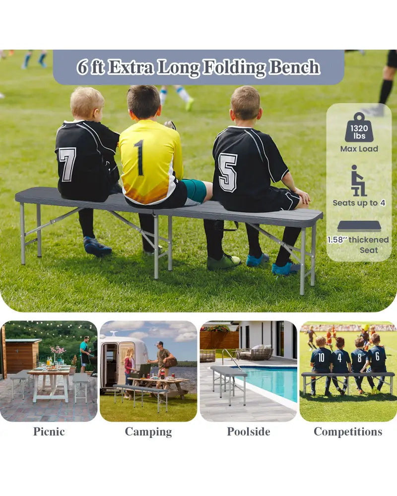 6 Feet Folding HDPE Bench with 1320 LBS Capacity and Handle Lock-Gray - Gray - Outdoor Benches