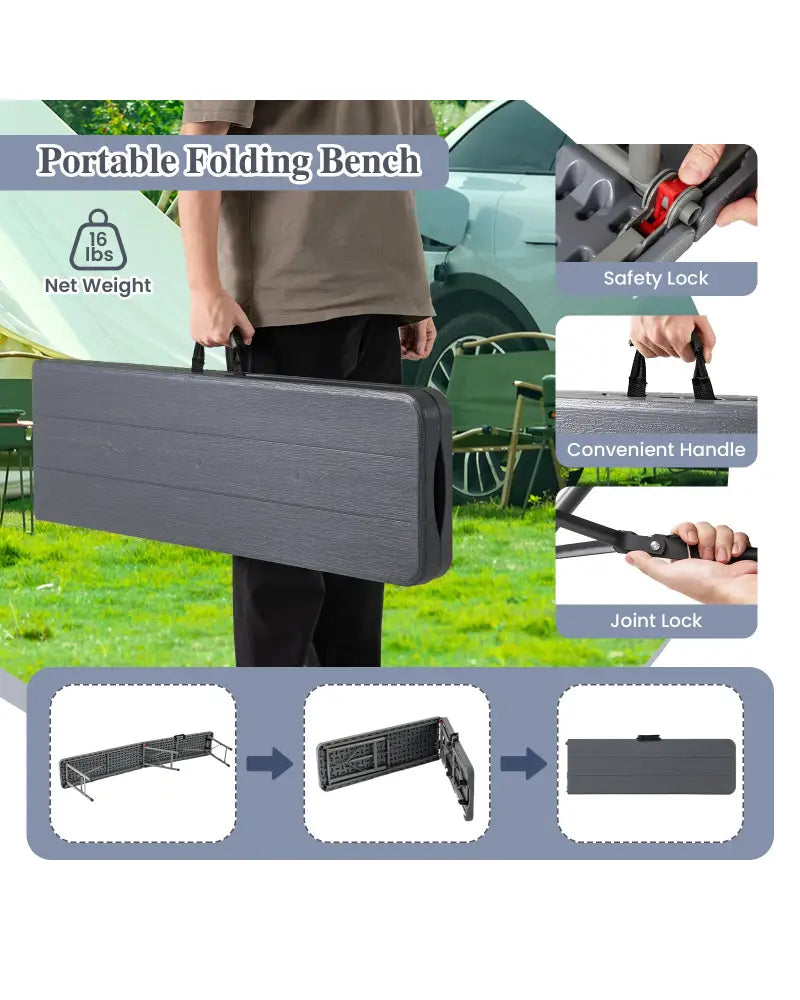 6 Feet Folding HDPE Bench with 1320 LBS Capacity and Handle Lock-Gray - Gray - Outdoor Benches