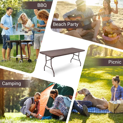 6 Feet Folding Portable Rattan Table with Carrying Handle - Brown - Patio Coffee Tables