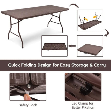 6 Feet Folding Portable Rattan Table with Carrying Handle - Brown - Patio Coffee Tables