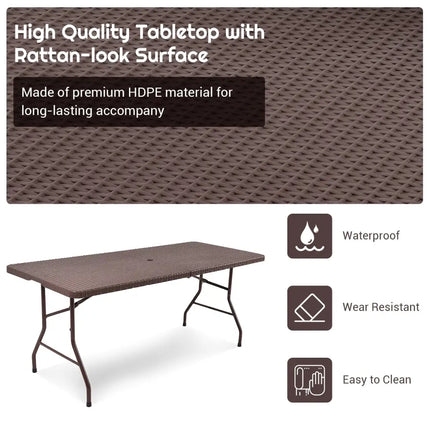 6 Feet Folding Portable Rattan Table with Carrying Handle - Brown - Patio Coffee Tables