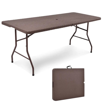 6 Feet Folding Portable Rattan Table with Carrying Handle - Brown - Patio Coffee Tables