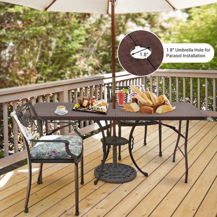 6 Feet Folding Portable Rattan Table with Carrying Handle - Brown - Patio Coffee Tables