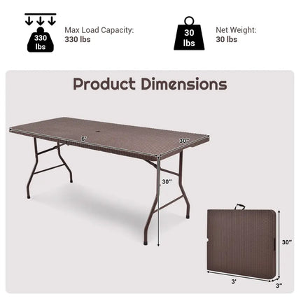 6 Feet Folding Portable Rattan Table with Carrying Handle - Brown - Patio Coffee Tables