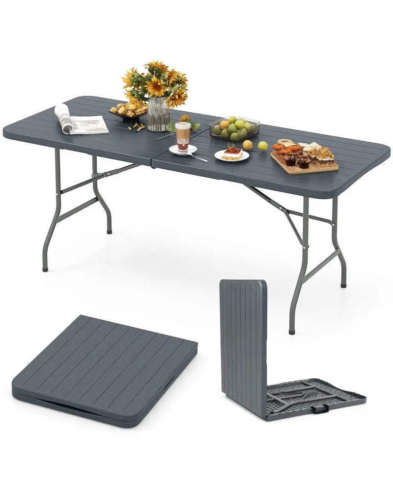 6 Feet Folding Table with Wood Grain HDPE Tabletop and Safe Lock Mechanism-Gray - Gray - Picnic Tables