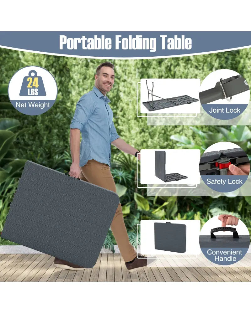 6 Feet Folding Table with Wood Grain HDPE Tabletop and Safe Lock Mechanism-Gray - Gray - Picnic Tables