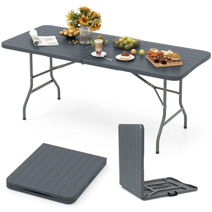 6 Feet Folding Table with Wood Grain HDPE Tabletop and Safe Lock Mechanism-Gray - Gray - Picnic Tables
