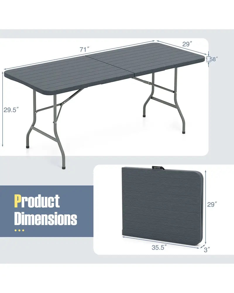 6 Feet Folding Table with Wood Grain HDPE Tabletop and Safe Lock Mechanism-Gray - Gray - Picnic Tables