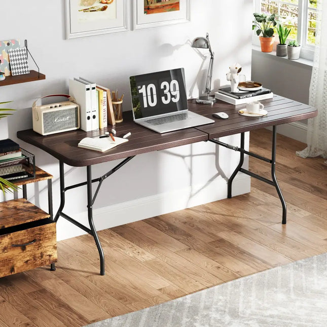 6 Feet Folding Table with Wood Grain HDPE Tabletop and Safe Lock Mechanism-Brown - Brown - Picnic Tables