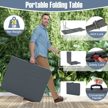 6 Feet Folding Table with Wood Grain HDPE Tabletop and Safe Lock Mechanism-Gray - Gray - Picnic Tables