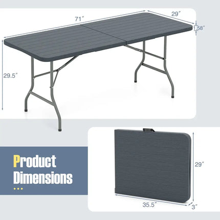 6 Feet Folding Table with Wood Grain HDPE Tabletop and Safe Lock Mechanism-Gray - Gray - Picnic Tables