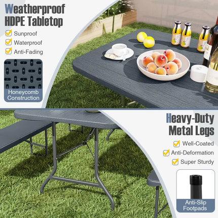 6 Feet Folding Table with Wood Grain HDPE Tabletop and Safe Lock Mechanism-Gray - Gray - Picnic Tables