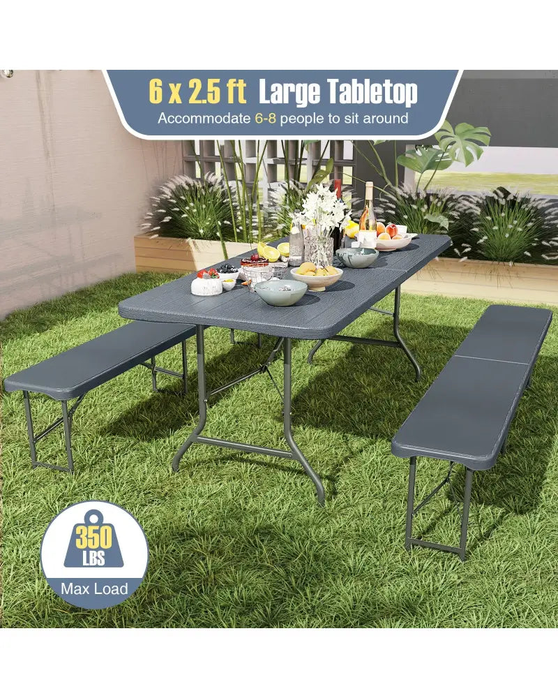 6 Feet Folding Table with Wood Grain HDPE Tabletop and Safe Lock Mechanism-Gray - Gray - Picnic Tables