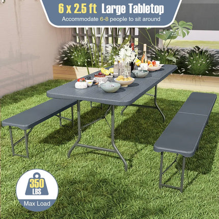 6 Feet Folding Table with Wood Grain HDPE Tabletop and Safe Lock Mechanism-Gray - Gray - Picnic Tables