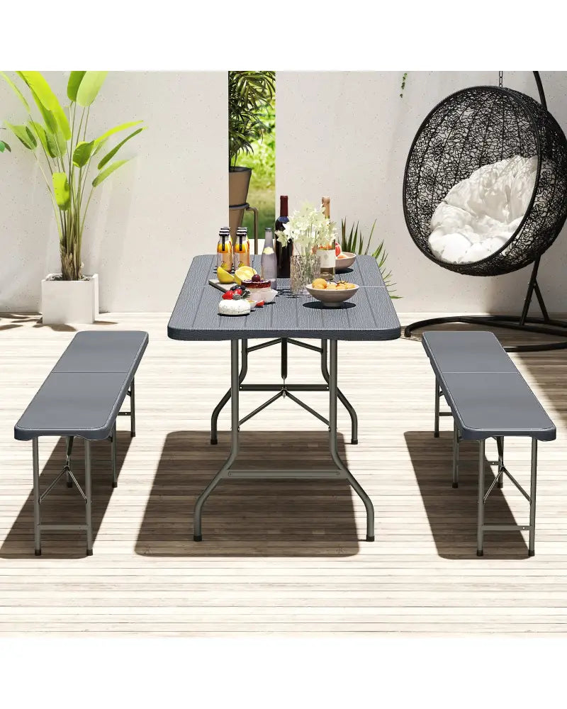 6 Feet Folding Table with Wood Grain HDPE Tabletop and Safe Lock Mechanism-Gray - Gray - Picnic Tables