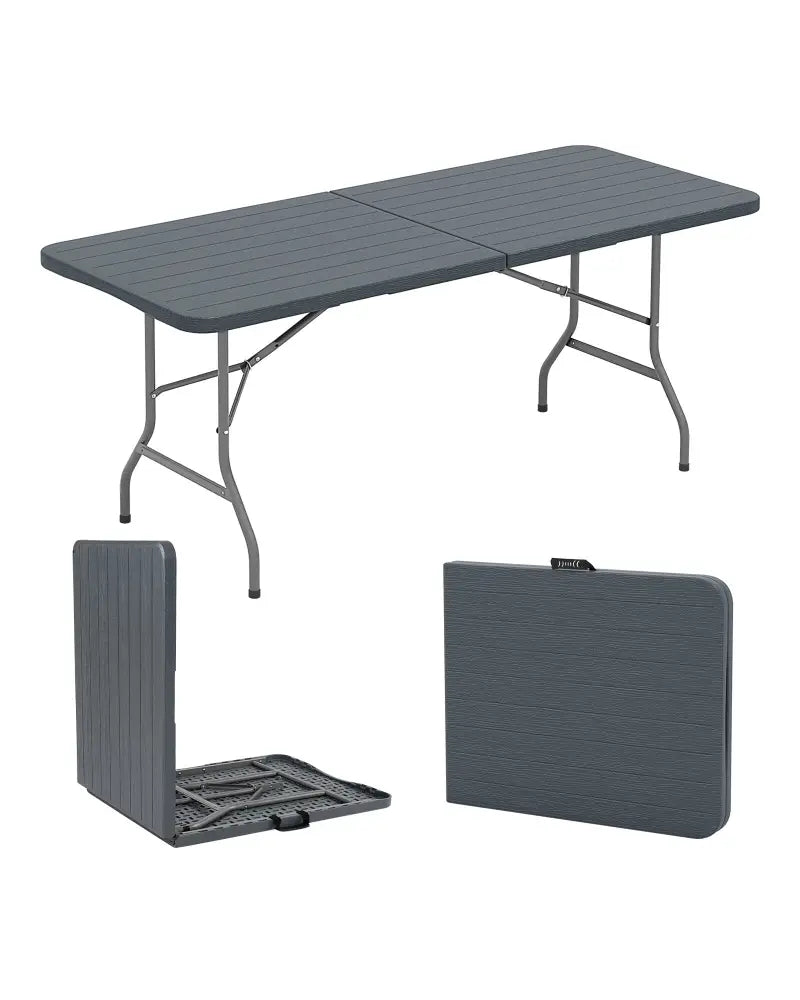 6 Feet Folding Table with Wood Grain HDPE Tabletop and Safe Lock Mechanism-Gray - Gray - Picnic Tables