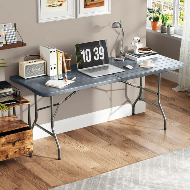 6 Feet Folding Table with Wood Grain HDPE Tabletop and Safe Lock Mechanism-Gray - Gray - Picnic Tables