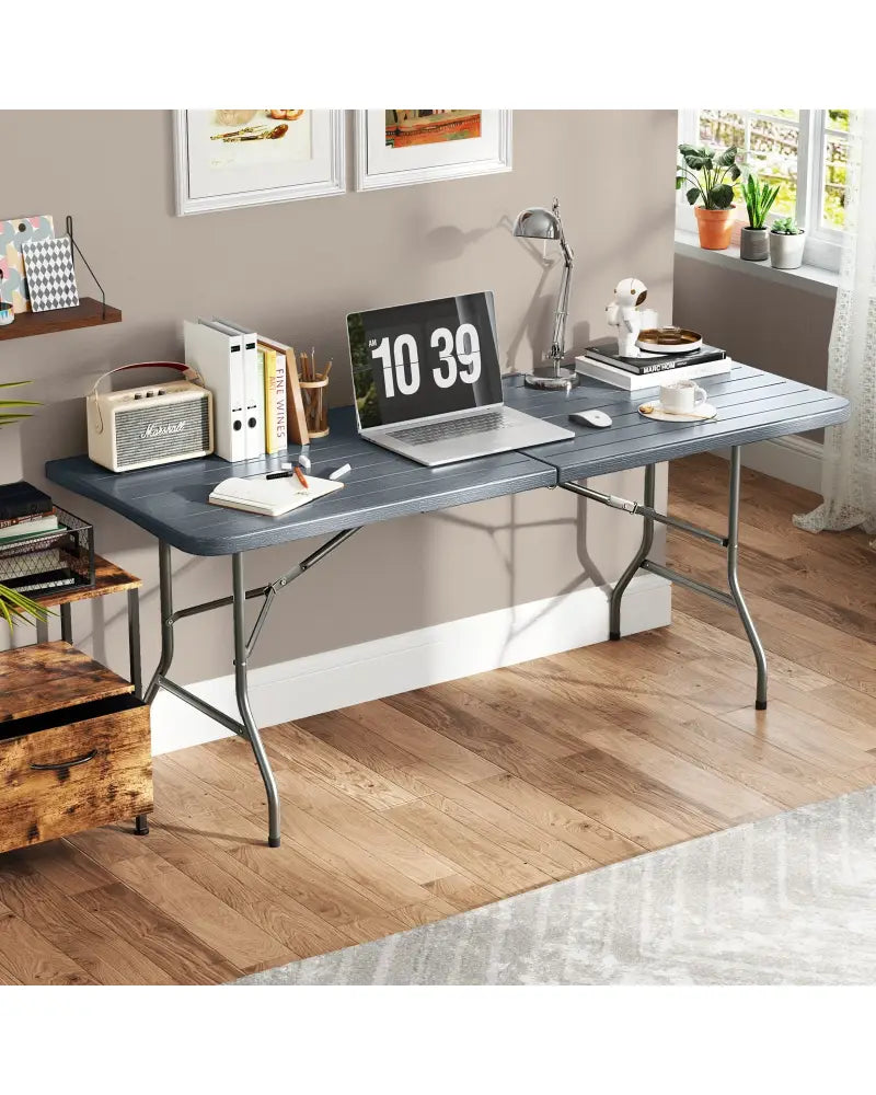 6 Feet Folding Table with Wood Grain HDPE Tabletop and Safe Lock Mechanism-Gray - Gray - Picnic Tables