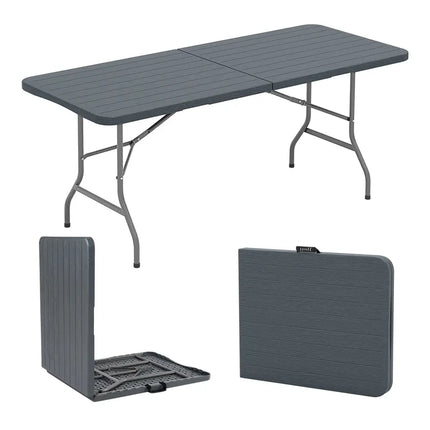6 Feet Folding Table with Wood Grain HDPE Tabletop and Safe Lock Mechanism-Gray - Gray - Picnic Tables