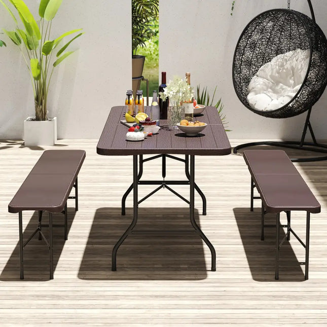 6 Feet Folding Table with Wood Grain HDPE Tabletop and Safe Lock Mechanism-Brown - Brown - Picnic Tables