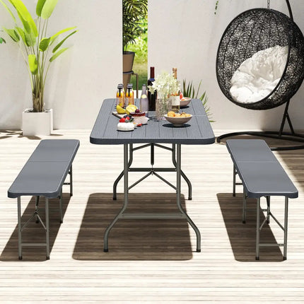 6 Feet Folding Table with Wood Grain HDPE Tabletop and Safe Lock Mechanism-Gray - Gray - Picnic Tables