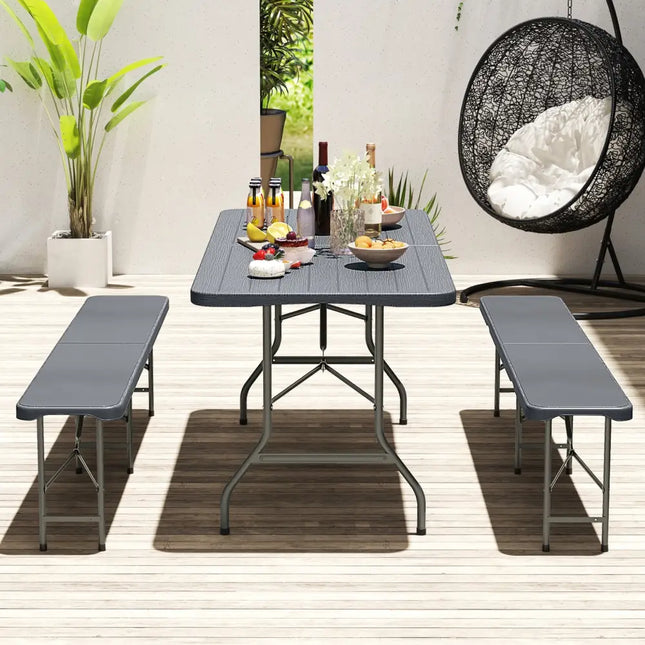 6 Feet Folding Table with Wood Grain HDPE Tabletop and Safe Lock Mechanism-Gray - Gray - Picnic Tables