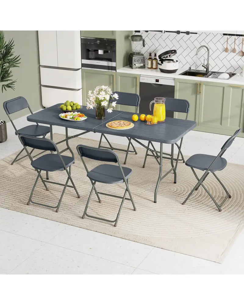 6 Feet Folding Table with Wood Grain HDPE Tabletop and Safe Lock Mechanism-Gray - Gray - Picnic Tables