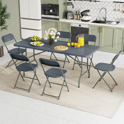 6 Feet Folding Table with Wood Grain HDPE Tabletop and Safe Lock Mechanism-Gray - Gray - Picnic Tables